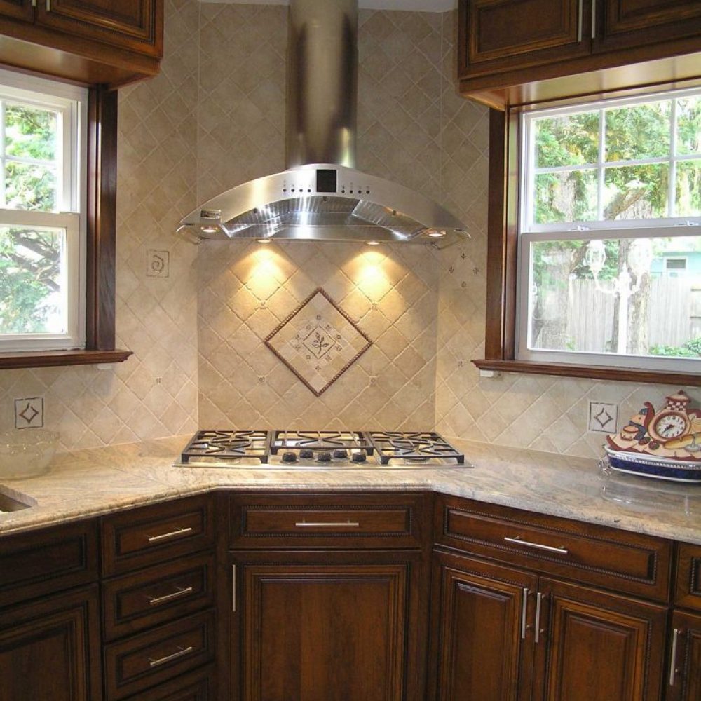 stainless overhead dark wood cabinets
