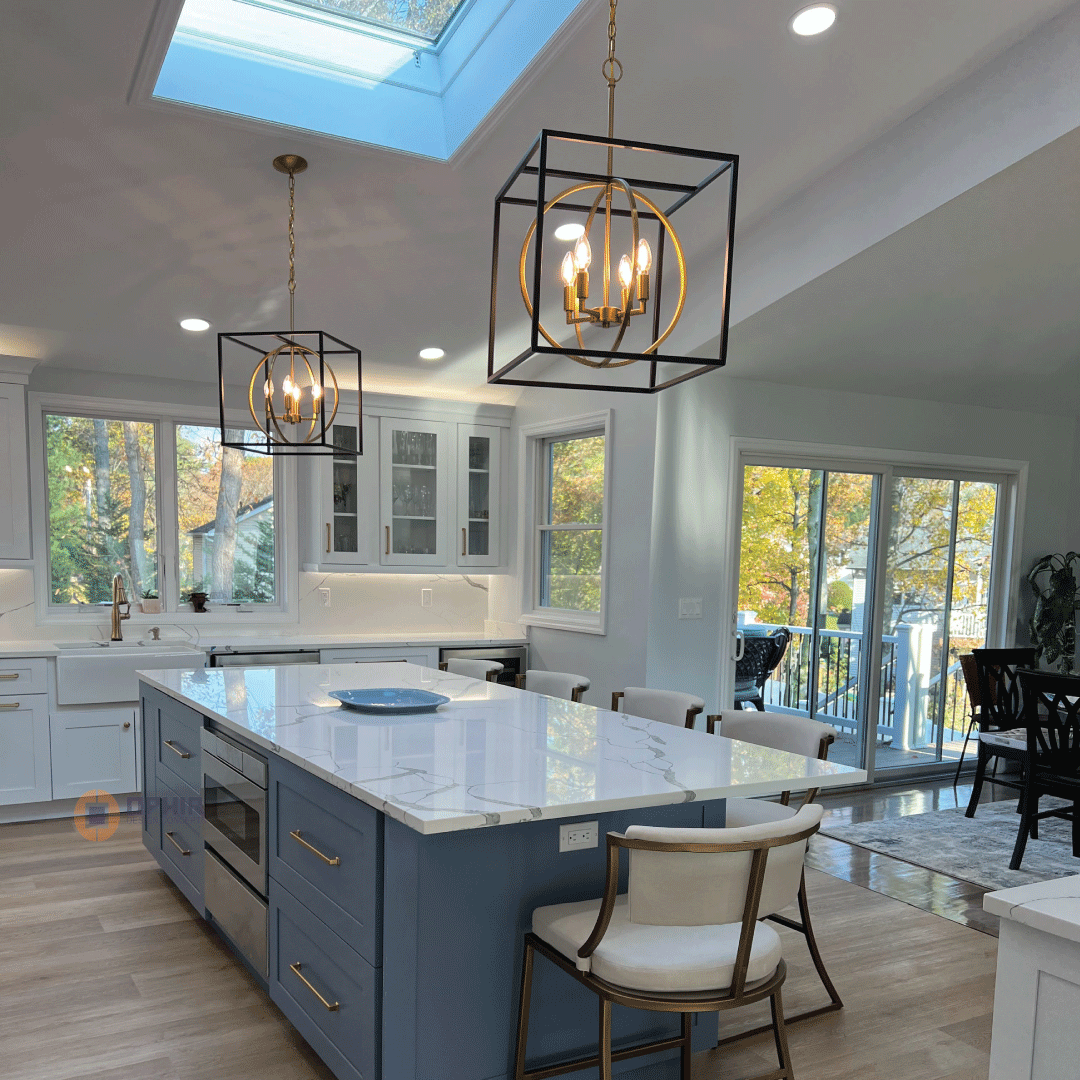 kitchen with island counter top and skylight